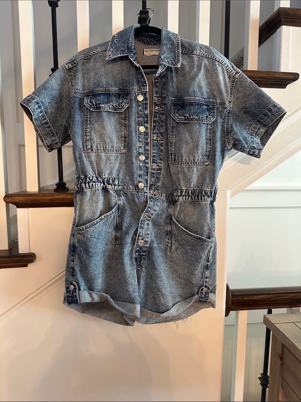 Free People Light Blue Denim Short-Sleeve Button-Up Romper